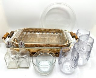 Vintage Pyrex Casserole Dishes In Basket Holders, Oil Cruets, 4 Plastic Cups & Other Glass Bowls