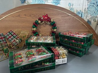 10 Boxes Kurt Adler Ornaments, Metal Sleigh With Presents & Bell Wreath