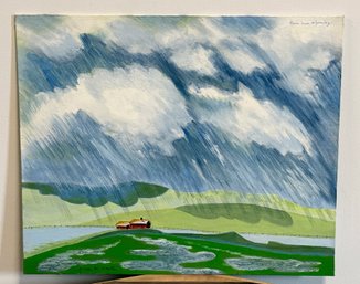 Vintage Acrylic On Board Landscape Painting Farmhouse In Rain By Doris Carter