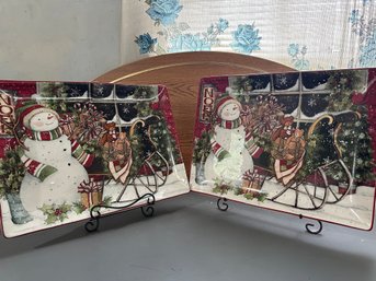 2 Matching Holiday Snowmen Platters 16'