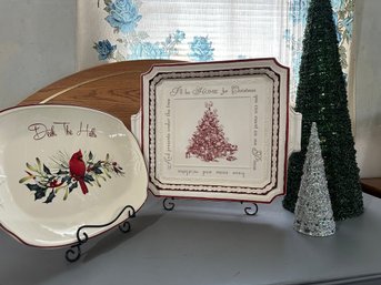 I'll Be Home For Christmas Handled Square Platter, 2 Beaded Trees And Red Bird Platter