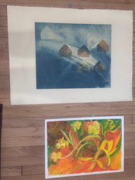 Two Unframed Contemporary Abstract Works – Houses And Botanical Composition