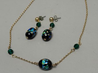 Beautiful Vintage Sarah Coventry Gold Foiled Art Glass Necklace With Matching Earrings