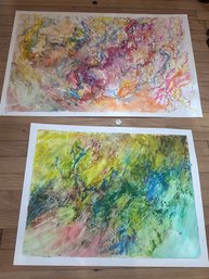Two Large Unframed Original Abstract Mixed-Media Works On Paper