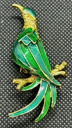 Vintage Mid Century Modern Green Enamel Bird Of Paradise Brooch
