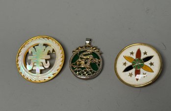 Dragon Pendant, Mother Of Pearl Pin & Order Of The Eastern Star Pin