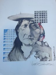 Vincent-Signed 1972 Native American Portrait With Buffalo  Mixed Media On Paper