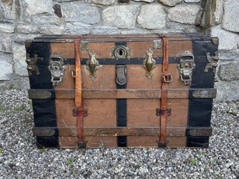 Antique Flat Top Trunk W/ Leather Straps