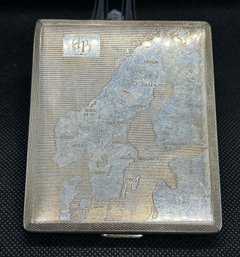 Antique 1920s/30s Art Deco Cigarette Case With Hand-chased Map Of Norway And Finland
