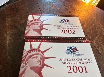 U S Mint 2001 & 2002 Silver Proof Set With Boxes And COA's