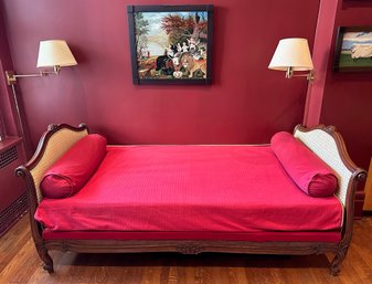 Vintage French Louis XV Style Day Bed With Green & White Upholstery & Red Bedspread With Pillows