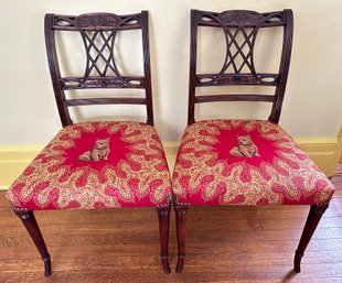 Pair Antique Hollywood Regency Style Dining Chairs With Terrier Dog Upholstery