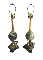 Neoclassical Brass And Marble Dolphin Based Table Lamps