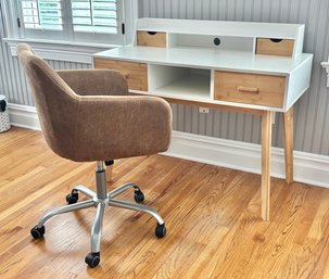 Modern White Writing Desk With Ultra Suede Chair On Wheels