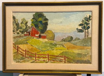 MCM Oil On Board Modernist Farmyard Landscape Painting