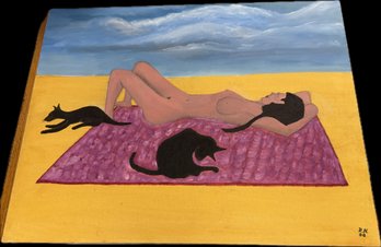 Original Folk Art Painting Of Woman With Cats