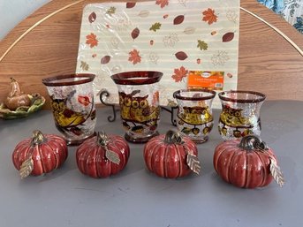 Set Of 4 Fall Placemats In Package 4 Crackle Glass Owl Candle Holders, 4 Ceramic Pumpkins