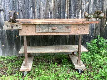Vintage Work Bench With Vice & Grinder