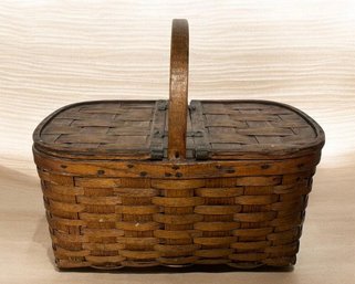 Antique Primitive Splint Wood Picnic Basket With Double Hinged Lid & Handle