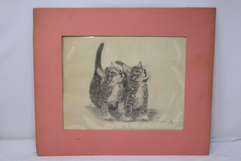 Two Kittens Graphite Drawing Signed By M. Sicurella 1954