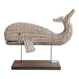 Handcrafted Whale Sculpture: Woven Rope & Wood Stand, Nantucket Label