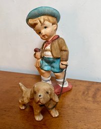 Sweet Hand Painted Ceramic Boy With Dog - Japan Circa 1950'S