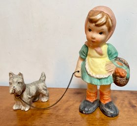 Sweet Hand Painted Ceramic Girl With Dog - Japan Circa 1950's