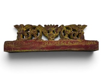 Antique Carved & Polychrome Wood Architectural Fragment – 'Terra Nova France Sclavituria' – 15'W