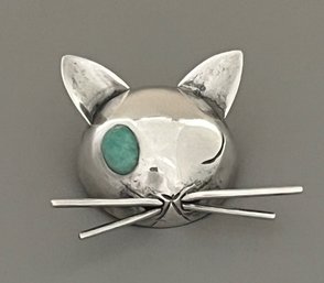 Joan Polsdorfer For Georg Jensen Winking Sterling And Turquoise Cat Brooch, 12.6g