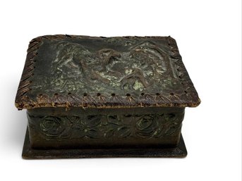 Vintage Tooled Leather Trinket Jewelry Box Figural Relief Design