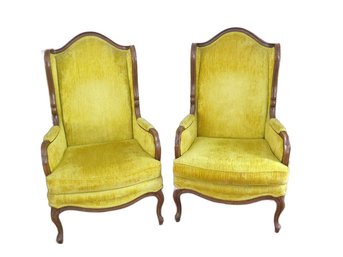 Pair Of MCM Hollywood Regency Thomasville Wingback Chairs In Harvest Yellow Gold