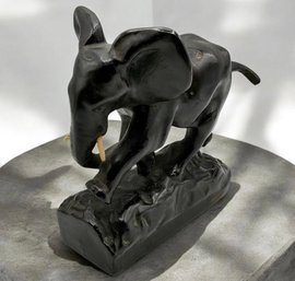 Vintage Carved Ebony Wood Charging Elephant Sculpture With Tusks
