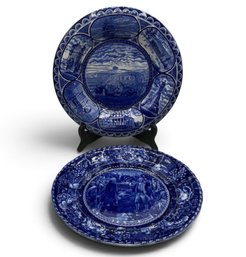 2 Antique R&M Staffordshire Historical Blue Transferware Plates ~ Plymouth Rock & Fort Griswold ~