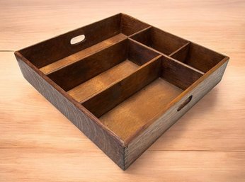 Vintage Wood Divided Flatware / Utensil Organizer Tray With Cutout Handles