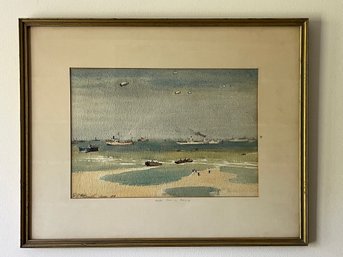 Signed Watercolor Painting Titled 'Ducks Coming Ashore' Naval Landing D-Day