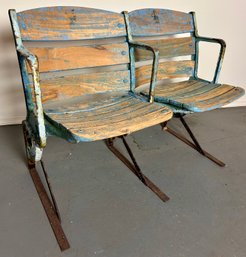 Vintage Original Wood & Cast Iron Stadium Seats Double Row Pair With Folding Chairs