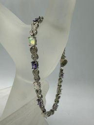Sterling Silver X Pattern Tennis Bracelet With Opal & Amethyst Style Colored Stones