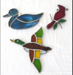 Three Stained Glass Window Suncatchers In The Form Of Flying And Swimming Duck, Cardinal