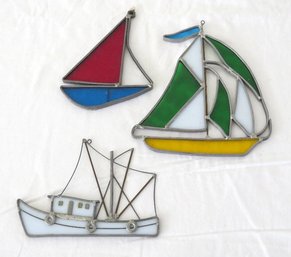 Three Stained Glass Sun Catchers Of Boats - Fishing Trawler, Sailboats