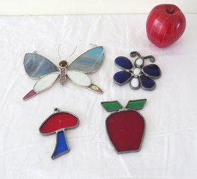 Four Stained Glass Sun Catchers Of Insects, Mushroom And Apple