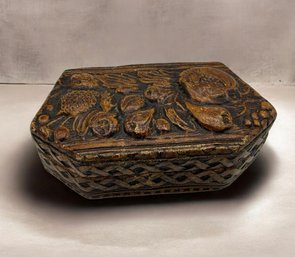 Vintage Tooled Leather Hinged Trinket Jewelry Box Raised Fruit & Basket Weave Design