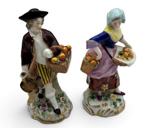 Pair Vintage German Porcelain Fruit Seller Figurines Man & Woman