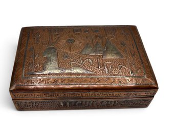 Vintage Egyptian Revival Copper Hinged Box Sphinx Pyramids Hieroglyphics ~ Wood Interior ~