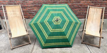 2 Vintage Authentic Coney Island Adjustable Folding Beach Chairs With Umbrella From Famous M-C Concessions