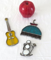 Three Stained Glass Sun Catchers - Guitar, Snowman And Hanging Light Fixture