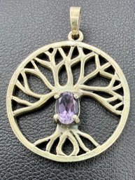 Sterling Silver Tree Of Life Circle Pendant With Center Amethyst