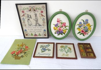 Six Piece Lot Of Vintage Crewel Work, Sampler, Floral Botanicals