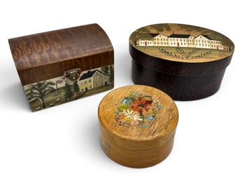 Vintage Folk Art Painted Wood Box Lot ~ Sewing Box, Oval Covered Box & Hinged Colonial House Box ~
