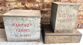 2 Antique Galvanized Metal Milk Cooler Boxes By Parkway Farms & Sylan Dairy & Brass Covered Wooden Humidor Box