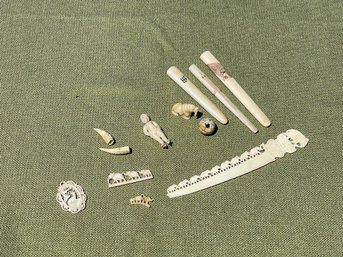 Antique Carved Ivory Or Bone Collectibles 12 Pieces